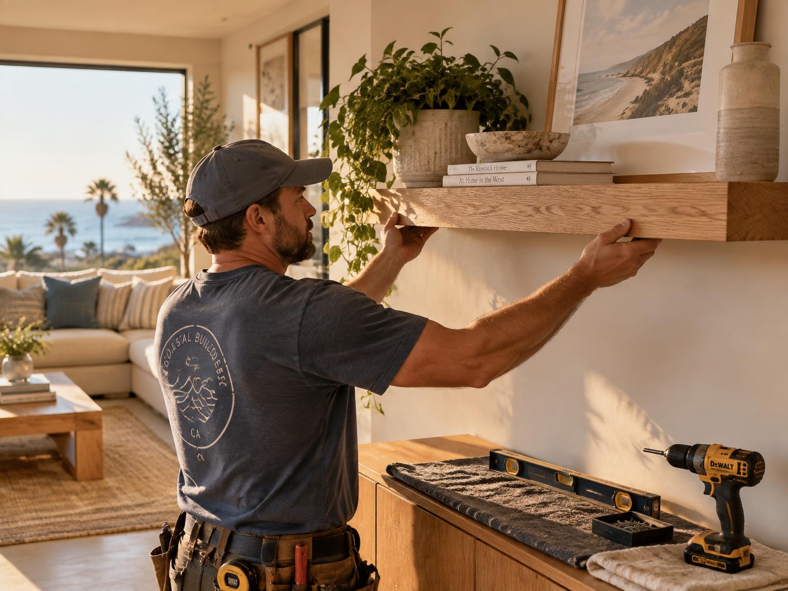 Handyman installing a floating oak shelf in a coastal living room