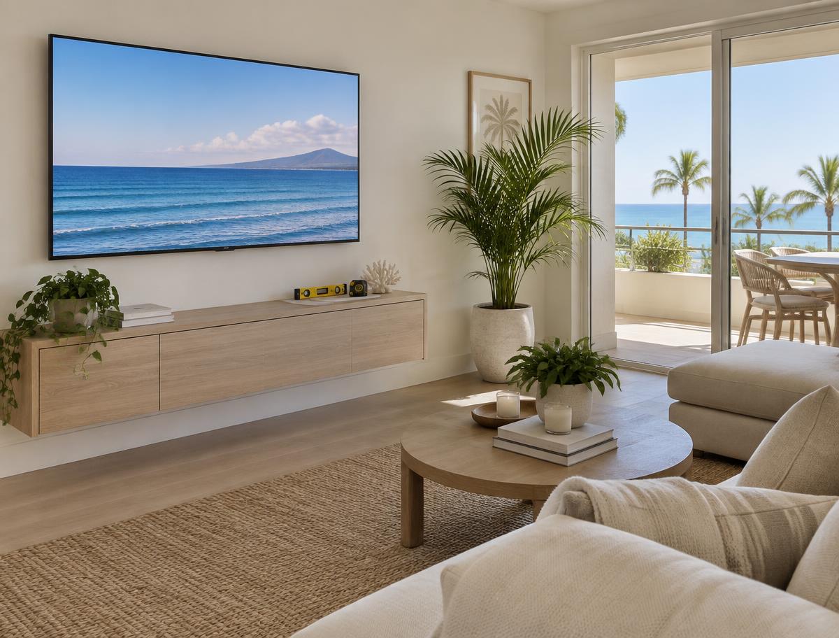 Flat screen TV wall-mounted above an oak console in a coastal living room