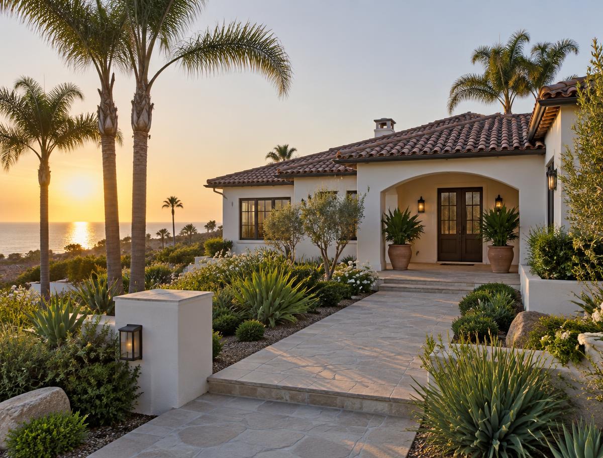 Coastal La Costa home with a tile roof and palm trees at sunset